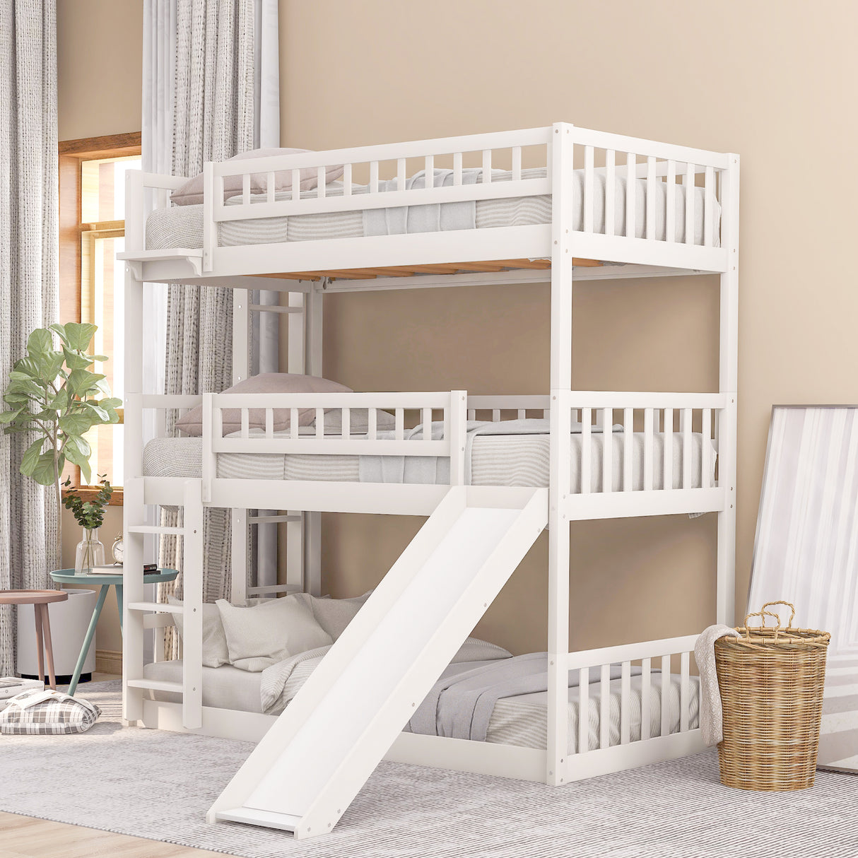 Twin-Over-Twin-Over-Twin Triple Bed with Built-in Ladder and Slide, Triple Bunk Bed with Guardrails, White(OLD SKU: LP000051AAK) - Home Elegance USA