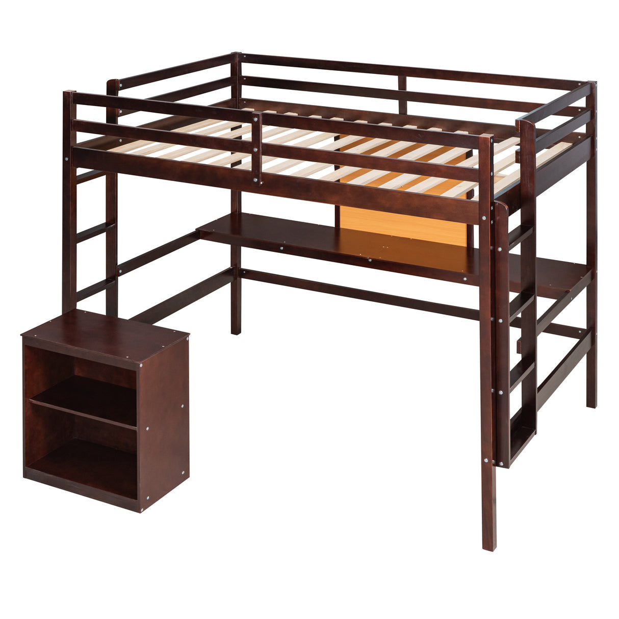 Twin size Loft Bed with Desk and Writing Board, Wooden Loft Bed with Desk & 2 Drawers Cabinet- Espresso - Home Elegance USA