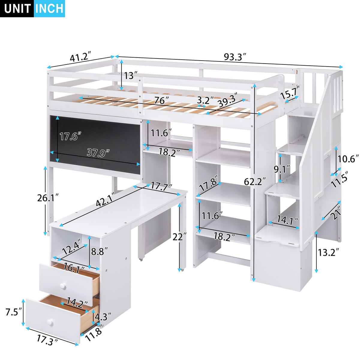 Twin Size Loft Bed with Pullable Desk and Storage Shelves,Staircase and Blackboard,White - Home Elegance USA