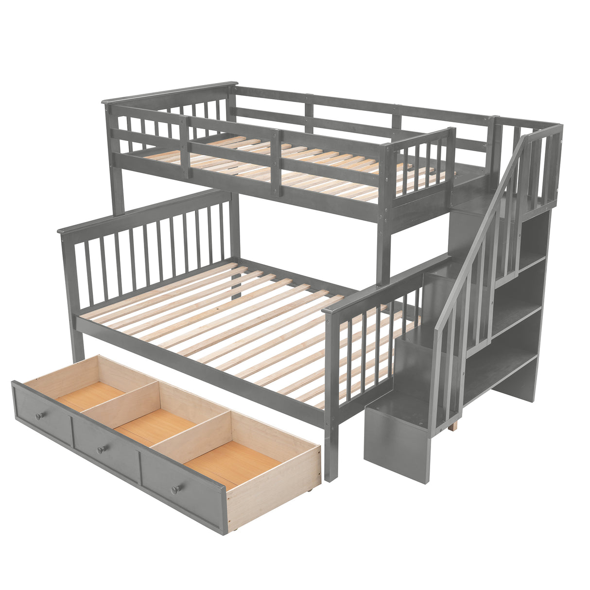 Stairway Twin-Over-Full Bunk Bed with Drawer, Storage and Guard Rail for Bedroom, Dorm, for Adults, Gray color(Old SKU: LP000219AAE) Home Elegance USA