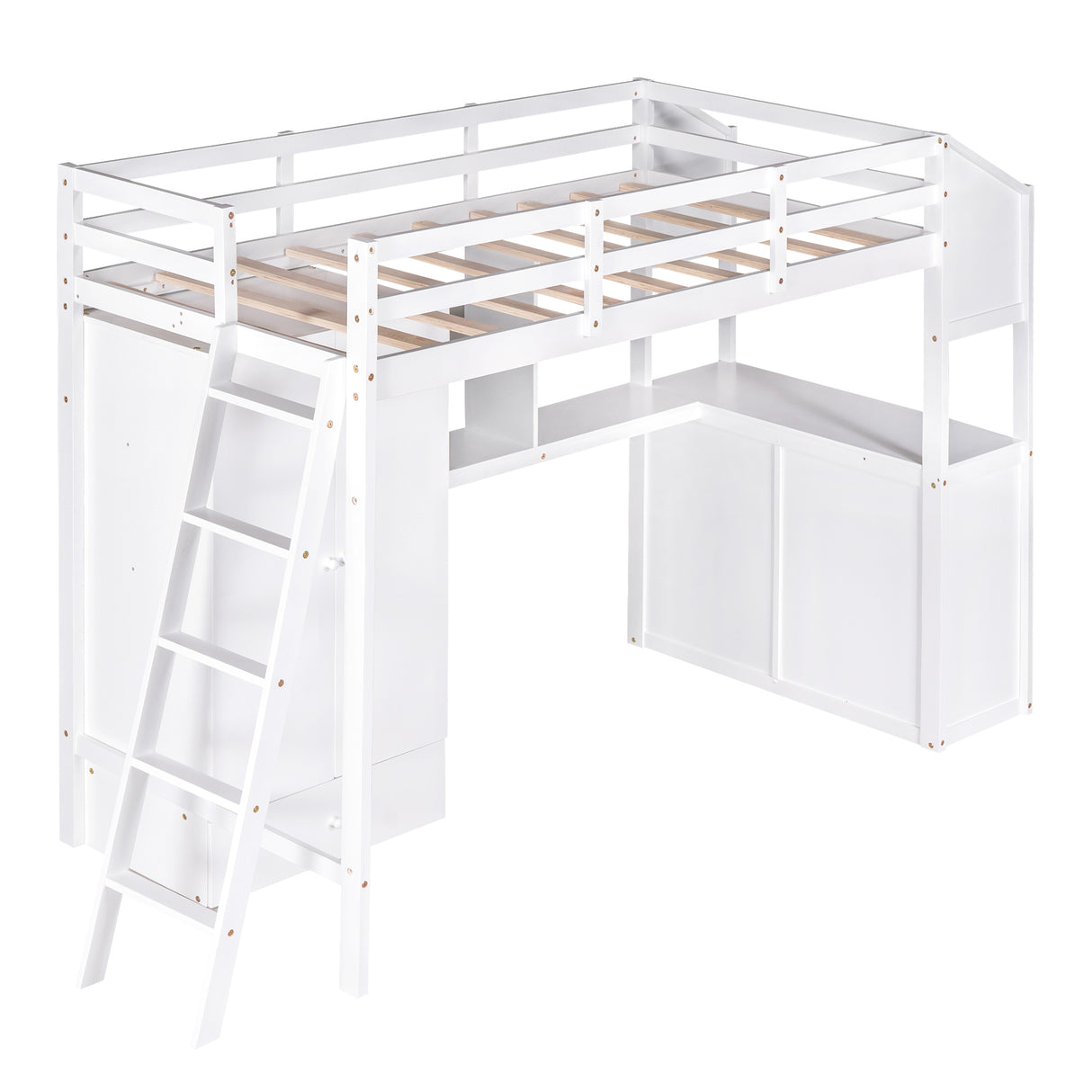 Twin Size Loft Bed with Wardrobe and Drawers, attached Desk with Shelves, White - Home Elegance USA