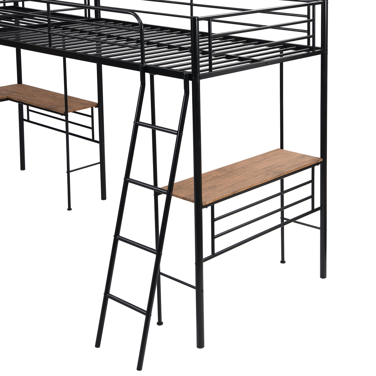 Twin Size Metal Loft Bed with Two Built-in Desks,Black - Home Elegance USA