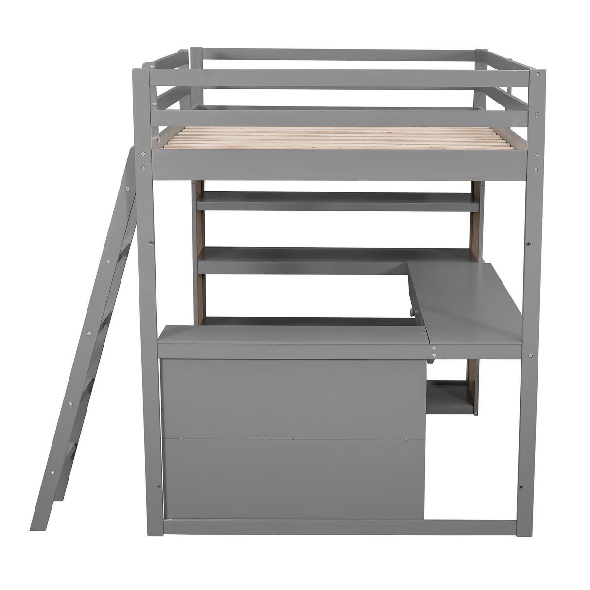 Full Size Loft Bed with Ladder, Shelves, and Desk, Gray - Home Elegance USA