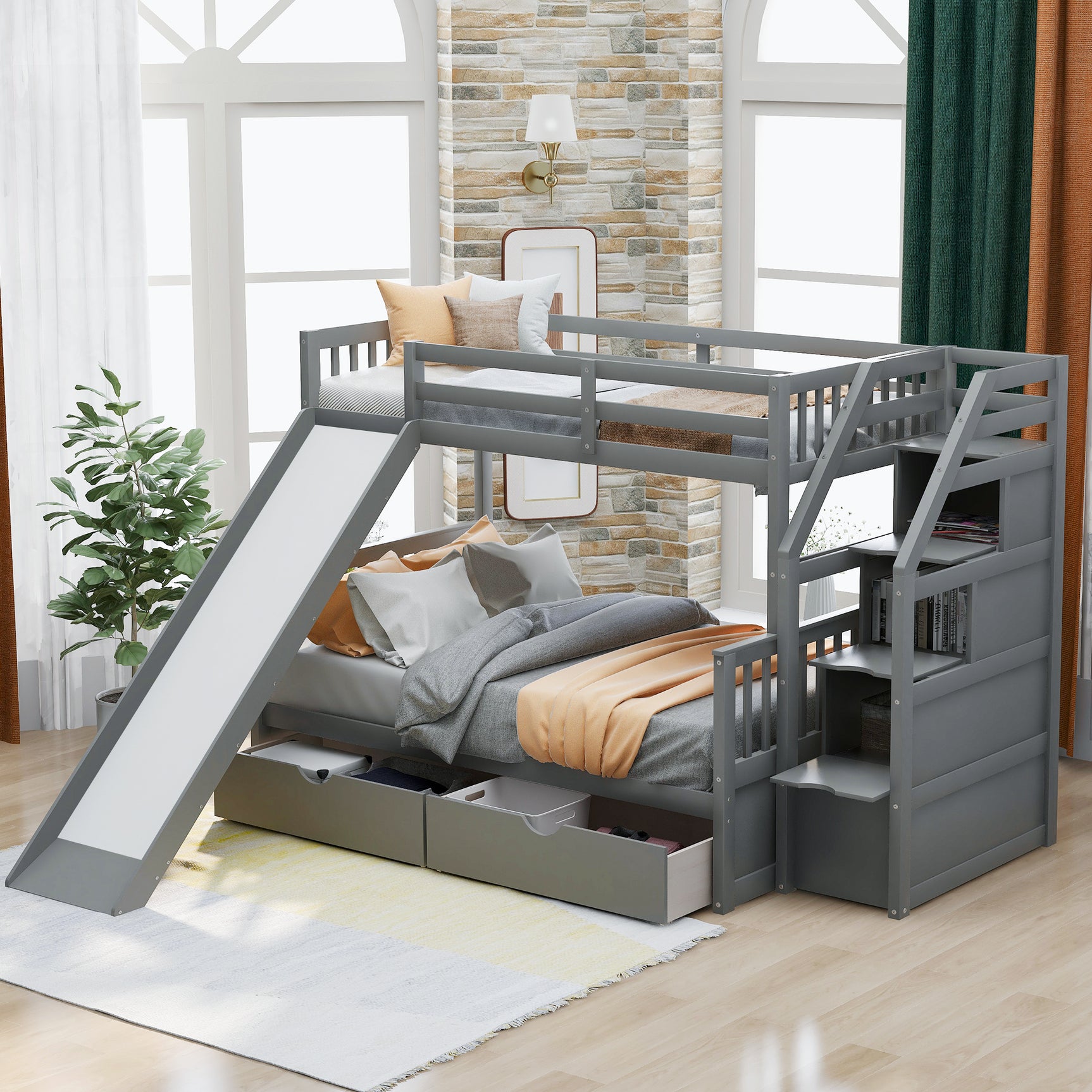 Twin over Full Bunk Bed with Drawers,Storage and Slide, Multifunction, Gray - Home Elegance USA