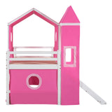 Twin Size Bunk Bed with Slide Pink Tent and Tower - Pink - Home Elegance USA