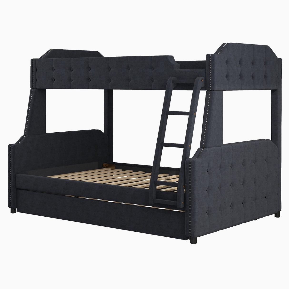 Twin over Full Upholstered Bunk Bed with Trundle and Ladder,Tufted Button Design,Black - Home Elegance USA