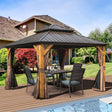 Brown Cedar Wood 12'x12' Hardtop Gazebo: Galvanized Steel Roof, Curtains, Netting - Ideal for Patio, Backyard, Lawn