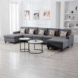 Nolan Gray Linen Fabric 5Pc Double Chaise Sectional Sofa with Pillows and Interchangeable Legs - Home Elegance USA