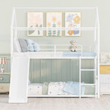 Twin Over Twin Metal Bunk Bed With Slide,Kids House Bed White - Home Elegance USA