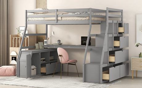 Twin Size Loft Bed with with 7 Drawers 2 Shelves and Desk - Gray