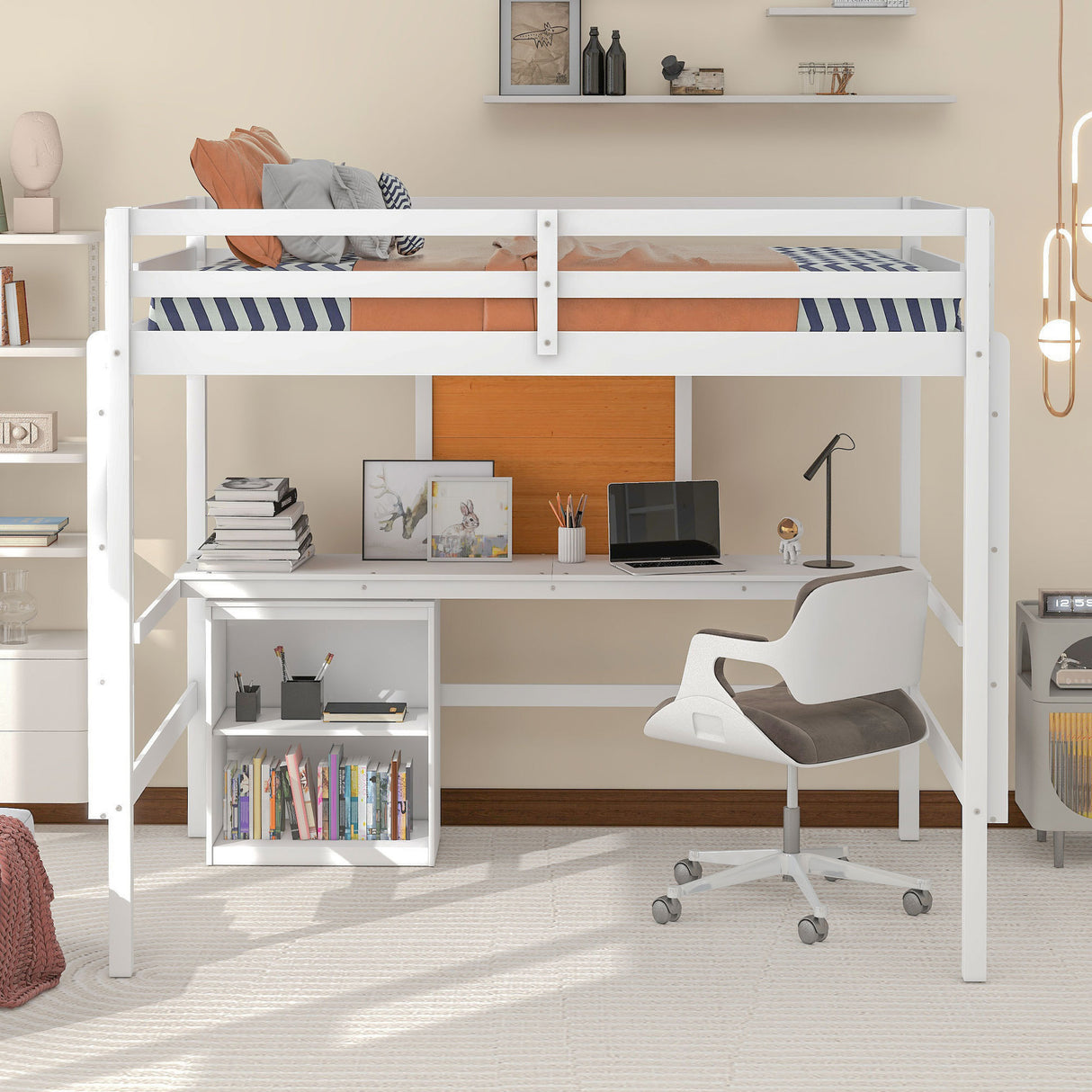 Full size Loft Bed with Desk and Writing Board, Wooden Loft Bed with Desk & 2 Drawers Cabinet- White - Home Elegance USA