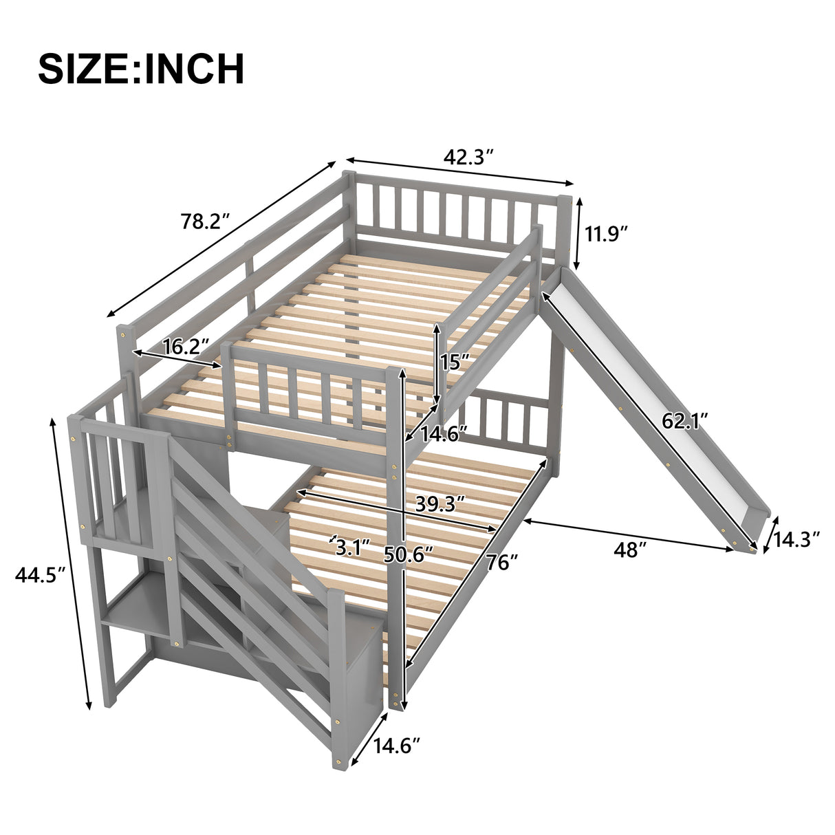 Twin over Twin Bunk Bed with Convertible Slide and Stairway, Gray - Home Elegance USA