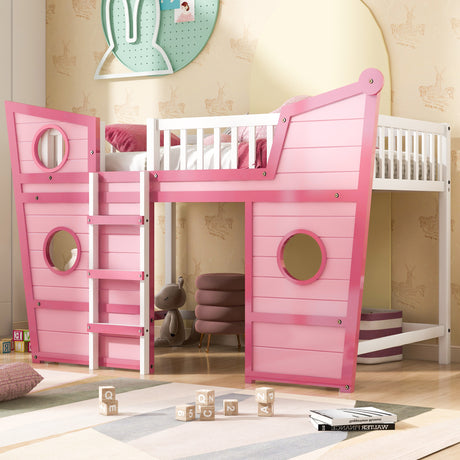 Full Size Boat Shape Loft Bed with Ladder-Pink - Home Elegance USA
