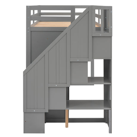 Functional Loft Bed with 3 Shelves, 2 Wardrobes and 2 Drawers,  Ladder with Storage, No Box Spring Needed, Gray