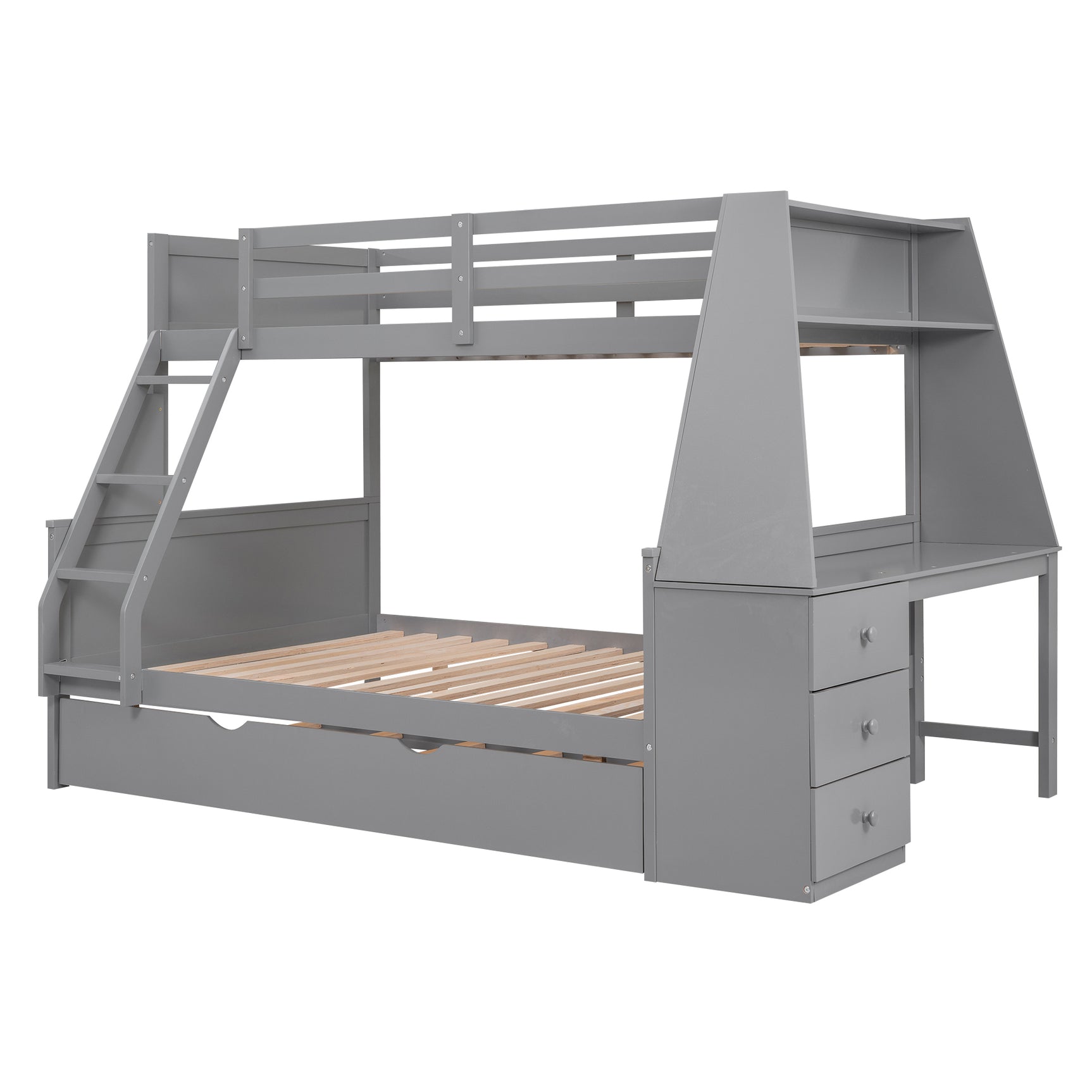 Twin over Full Bunk Bed with Trundle and Built-in Desk, Three Storage Drawers and Shelf,Gray - Home Elegance USA