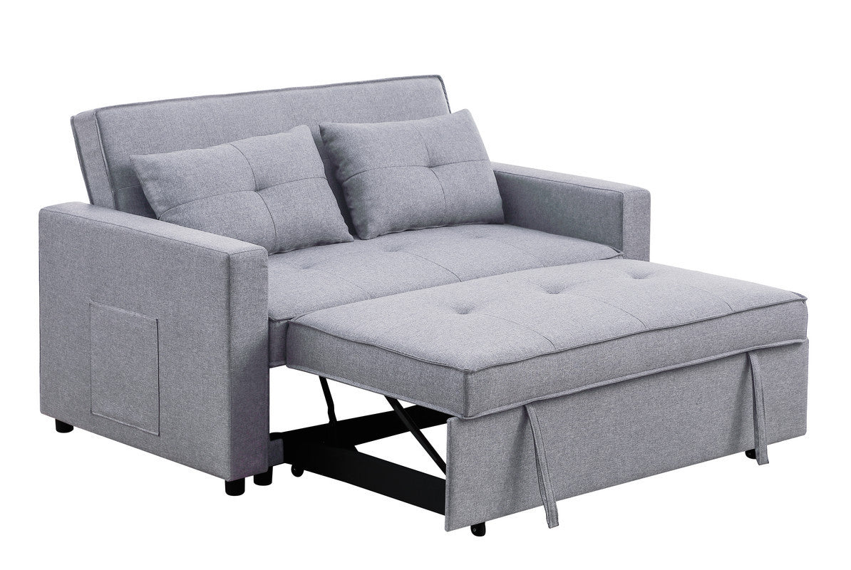 Zoey Light Gray Linen Convertible Sleeper Loveseat with Side Pocket Home Elegance USA