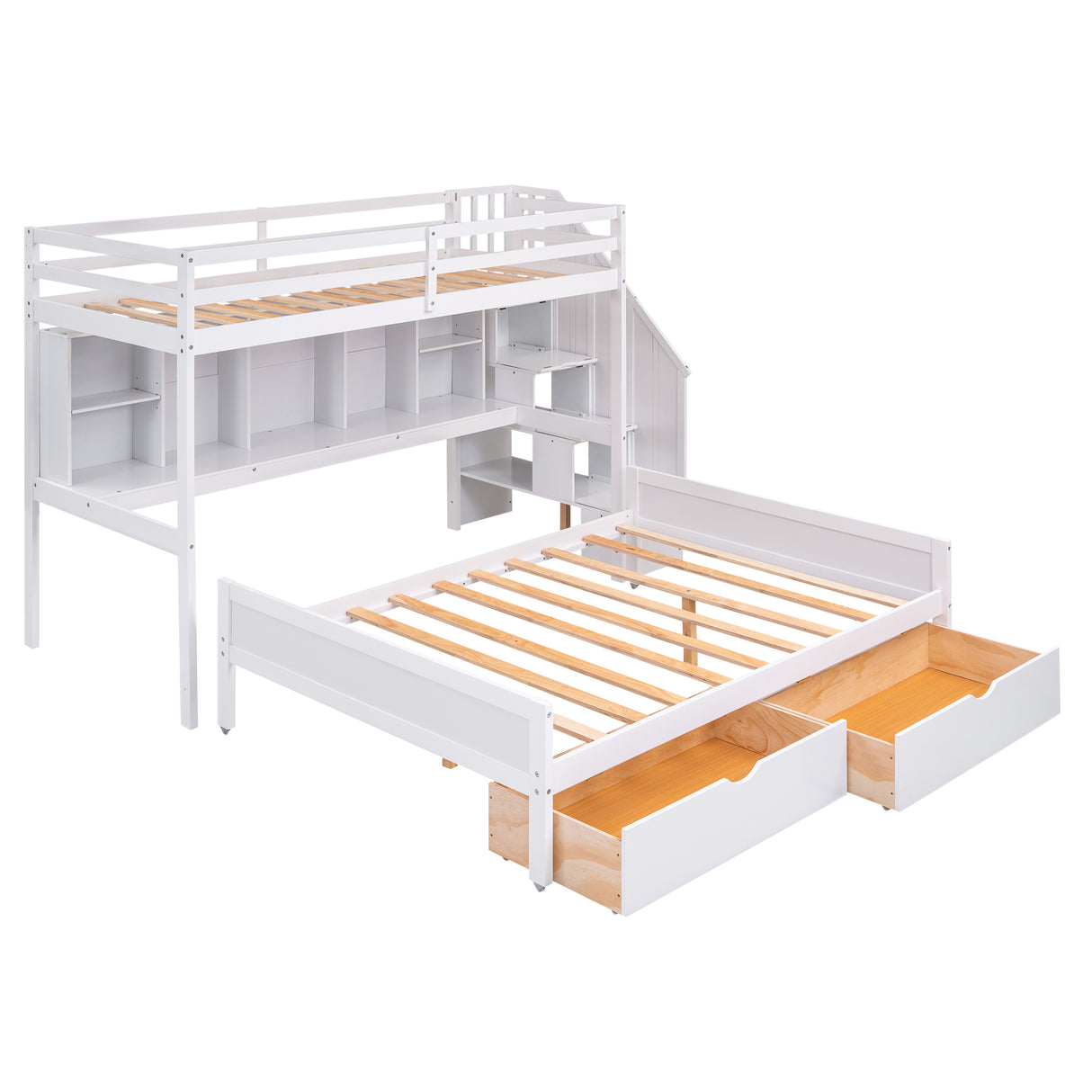 Twin XL over Full Bunk Bed with Built-in Storage Shelves, Drawers and Staircase,White - Home Elegance USA