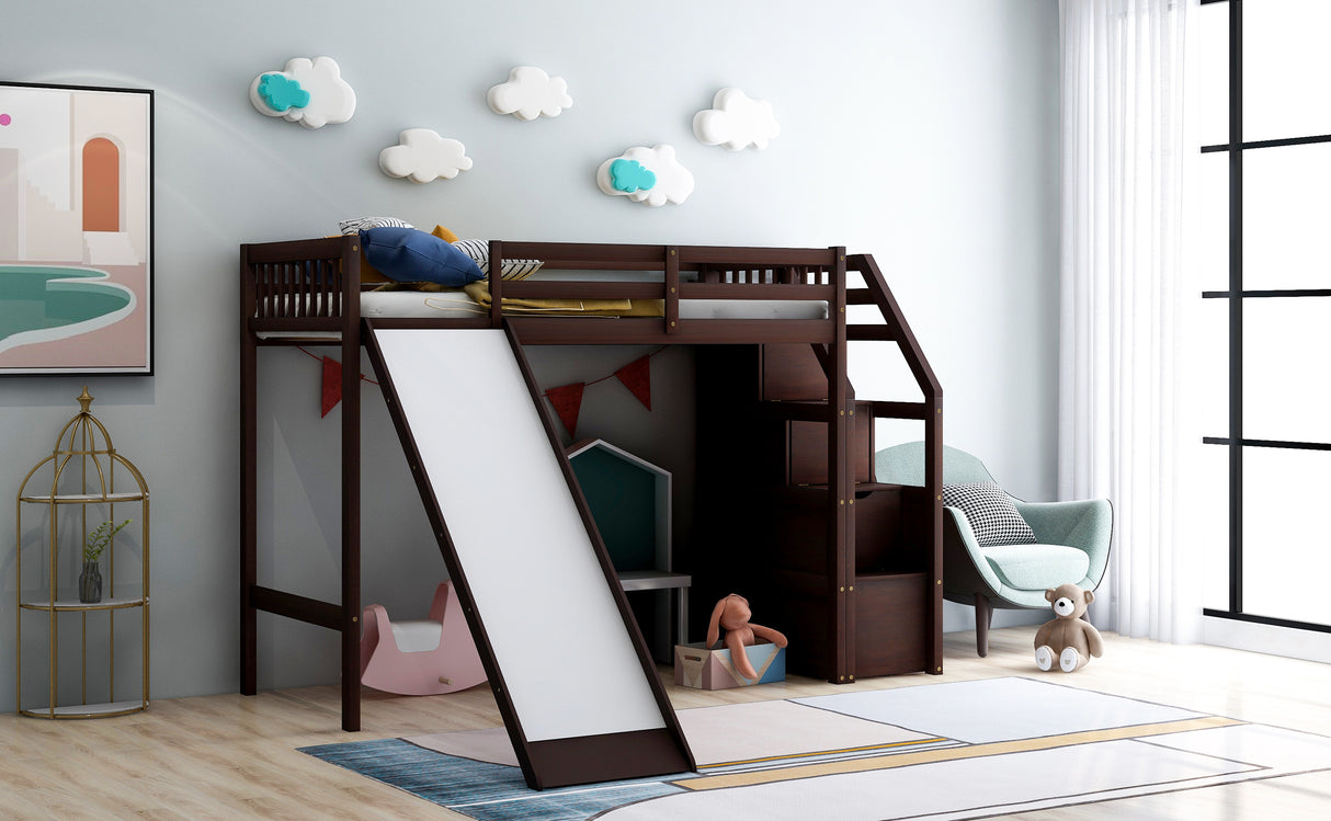 Twin Size Loft Bed with Storage and Slide, Espresso - Home Elegance USA