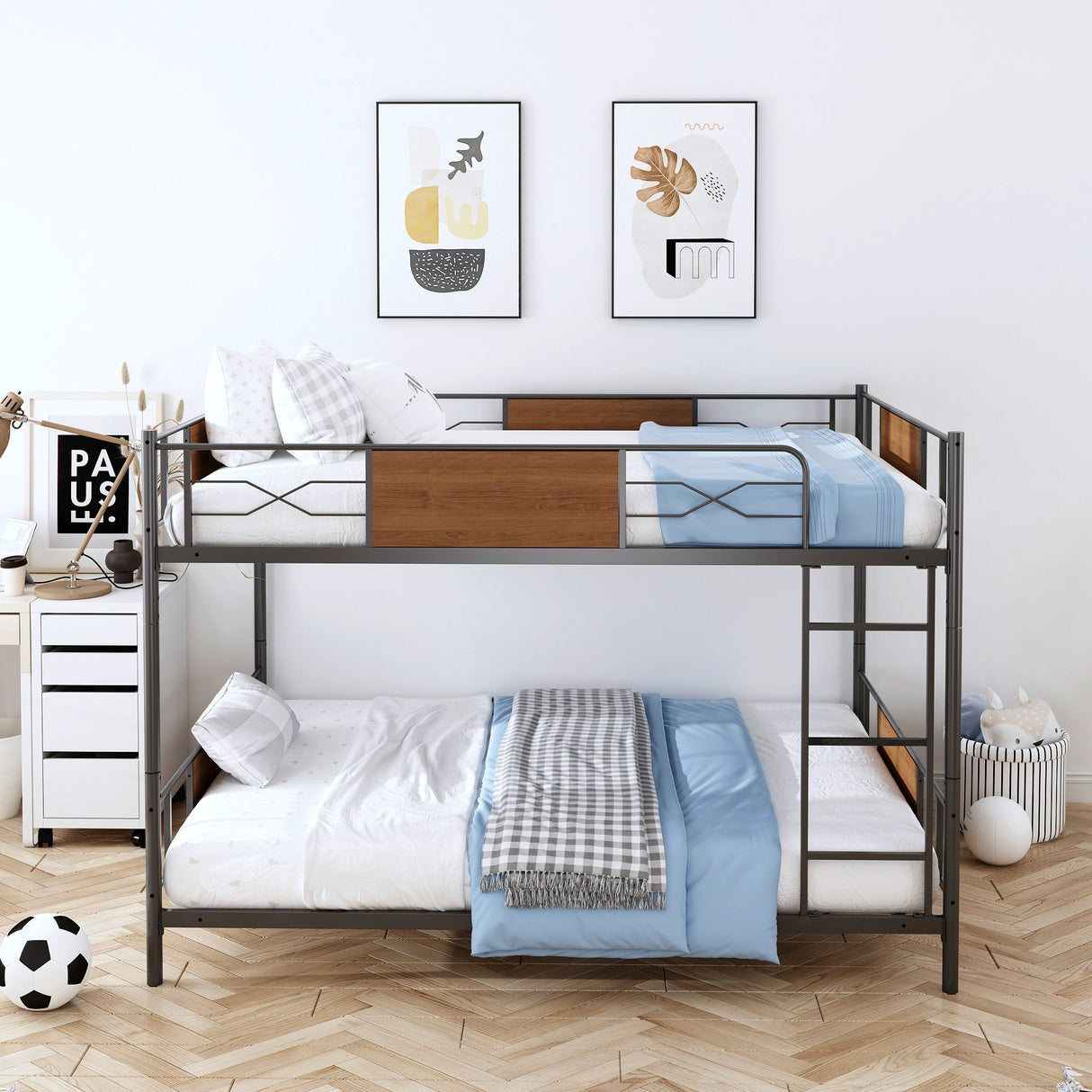 Metal Bunk Bed WIth Sandalwood，Full Over Full size （Black） - Home Elegance USA