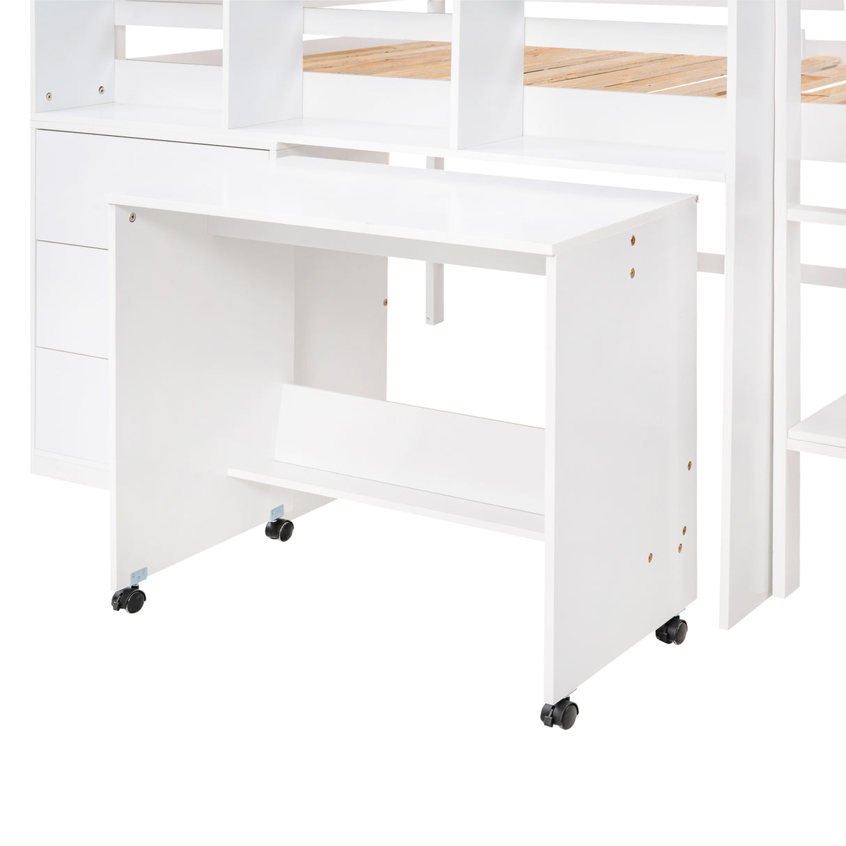 Full Size Low Loft Bed with Rolling Portable Desk, Drawers and Shelves,  White - Home Elegance USA