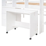 Full Size Low Loft Bed with Rolling Portable Desk, Drawers and Shelves,  White - Home Elegance USA