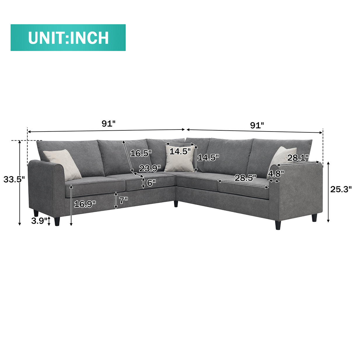 [VIDEO provided] [New] 91*91" Modern Upholstered Living Room Sectional Sofa, L Shape Furniture Couch with 3 Pillows - Home Elegance USA