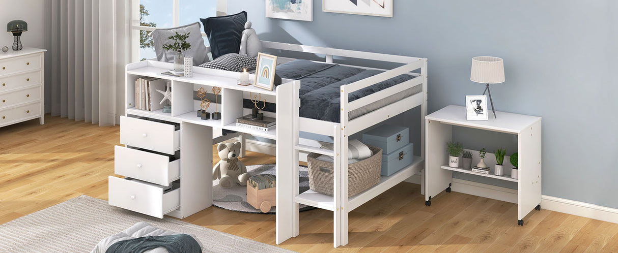 Full Size Low Loft Bed with Rolling Portable Desk, Drawers and Shelves,  White - Home Elegance USA