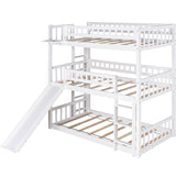 Twin-Over-Twin-Over-Twin Triple Bed with Built-in Ladder and Slide , Triple Bunk Bed with Guardrails, White - Home Elegance USA