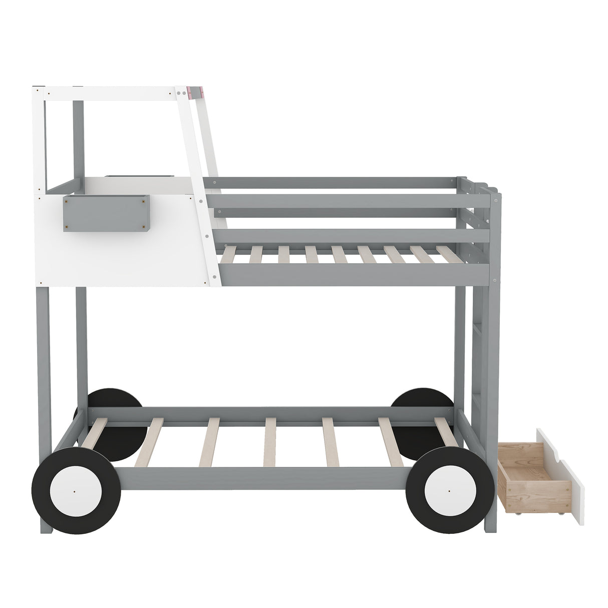 Twin over Twin Car-Shaped Bunk Bed with Wheels, Drawers and Shelves, Gray (Expected Arrival Time:7.30) - Home Elegance USA