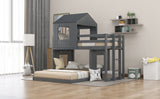 Wooden Twin Over Full Bunk Bed, Loft Bed with Playhouse, Farmhouse, Ladder and Guardrails , Gray( old sku: LP000027AAN ) - Home Elegance USA