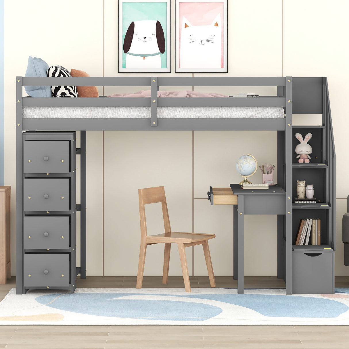 Twin size Loft Bed with Storage Drawers ,Desk and Stairs, Wooden Loft Bed with Shelves - Gray - Home Elegance USA