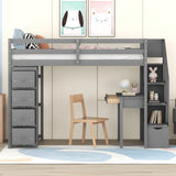 Twin size Loft Bed with Storage Drawers ,Desk and Stairs, Wooden Loft Bed with Shelves - Gray - Home Elegance USA