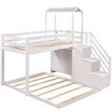 Twin over Full House Roof Bunk Bed with Staircase and Shelves, White - Home Elegance USA