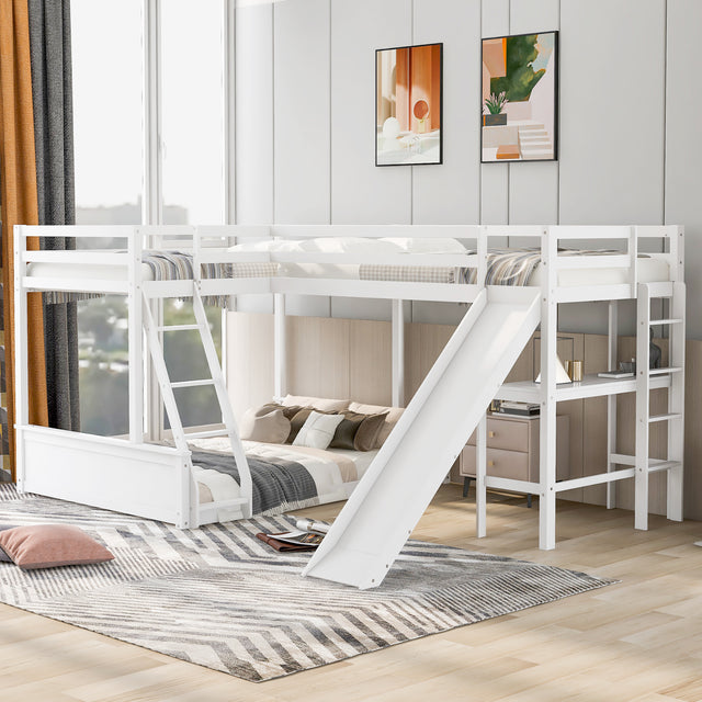 Twin over Full Bunk Bed with Twin Size Loft Bed with Desk and Slide,Full-Length Guardrail, White - Home Elegance USA