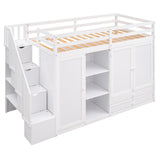 Functional Loft Bed with 3 Shelves, 2 Wardrobes and 2 Drawers,  Ladder with Storage, No Box Spring Needed, White - Home Elegance USA