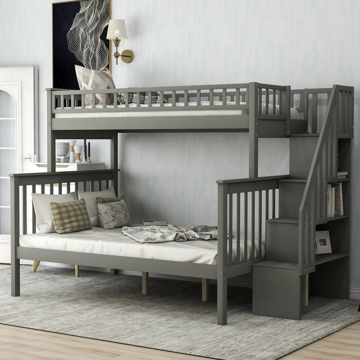 Twin over Full Bunk Bed with Shelves, Gray - Home Elegance USA