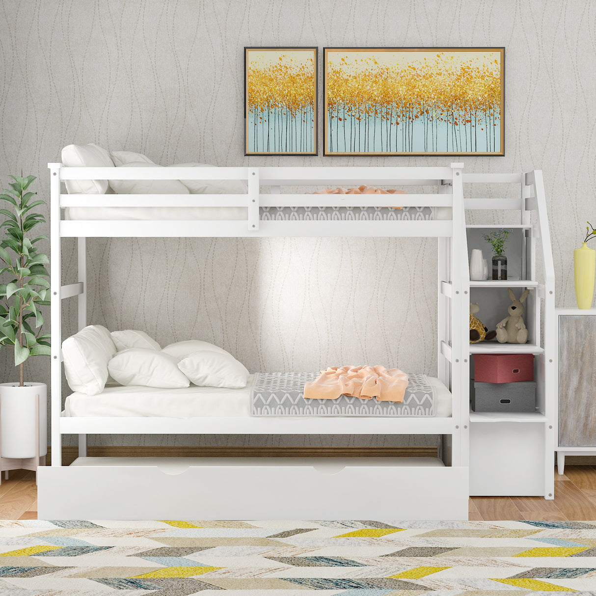 Twin-Over-Twin Bunk Bed with Twin Size Trundle and 3 Storage Stairs,White(OLD SKU :LP000064AAK) - Home Elegance USA