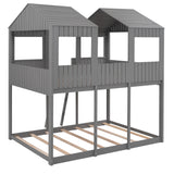 Full Over Full WoodBunk Bed with Roof, Window, Guardrail, Ladder (Gray)( old sku: LP000031AAN ) - Home Elegance USA