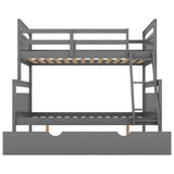 Twin over Full Bunk Bed with Ladder, Twin Size Trundle, Safety Guardrail, Gray - Home Elegance USA