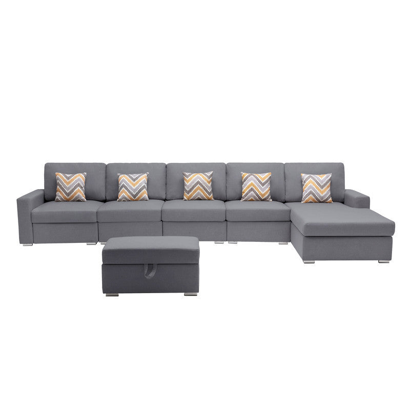 Nolan Gray Linen Fabric 6Pc Reversible Sectional Sofa Chaise with Interchangeable Legs, Pillows and Storage Ottoman - Home Elegance USA