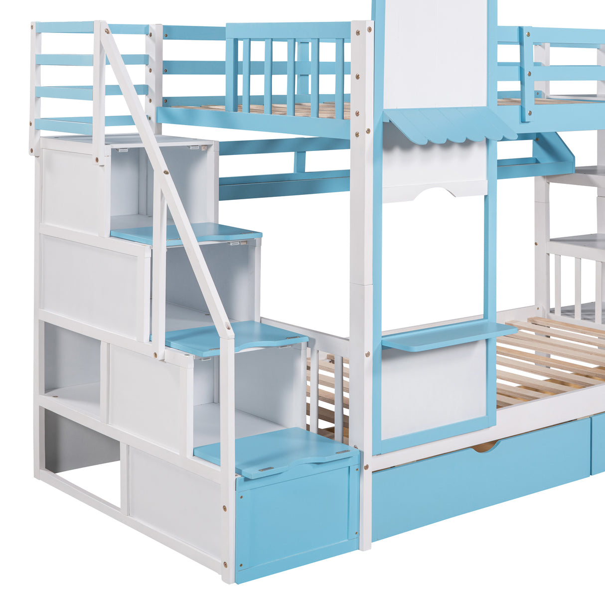 Twin-Over-Twin Castle Style Bunk Bed with 2 Drawers 3 Shelves and Slide - Blue