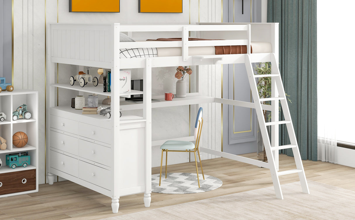 Full size Loft Bed with Drawers and Desk, Wooden Loft Bed with Shelves - White(OLD SKU:LT000529AAK) Home Elegance USA