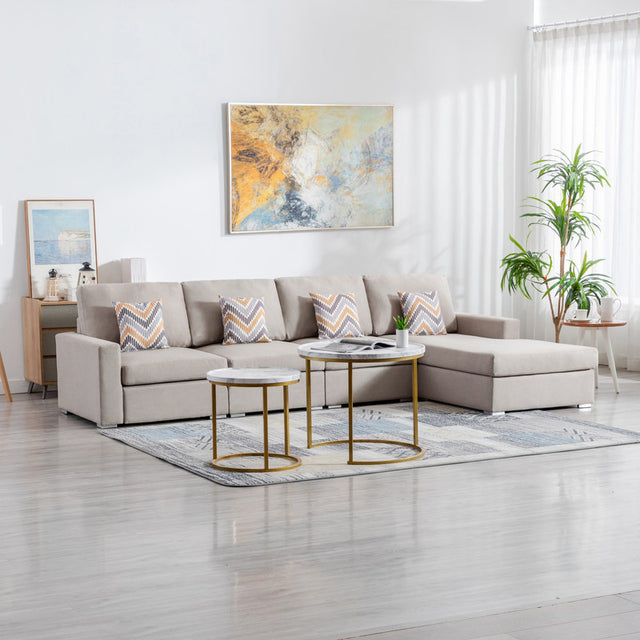 Nolan Beige Linen Fabric 4Pc Reversible Sectional Sofa Chaise with Pillows and Interchangeable Legs - Home Elegance USA