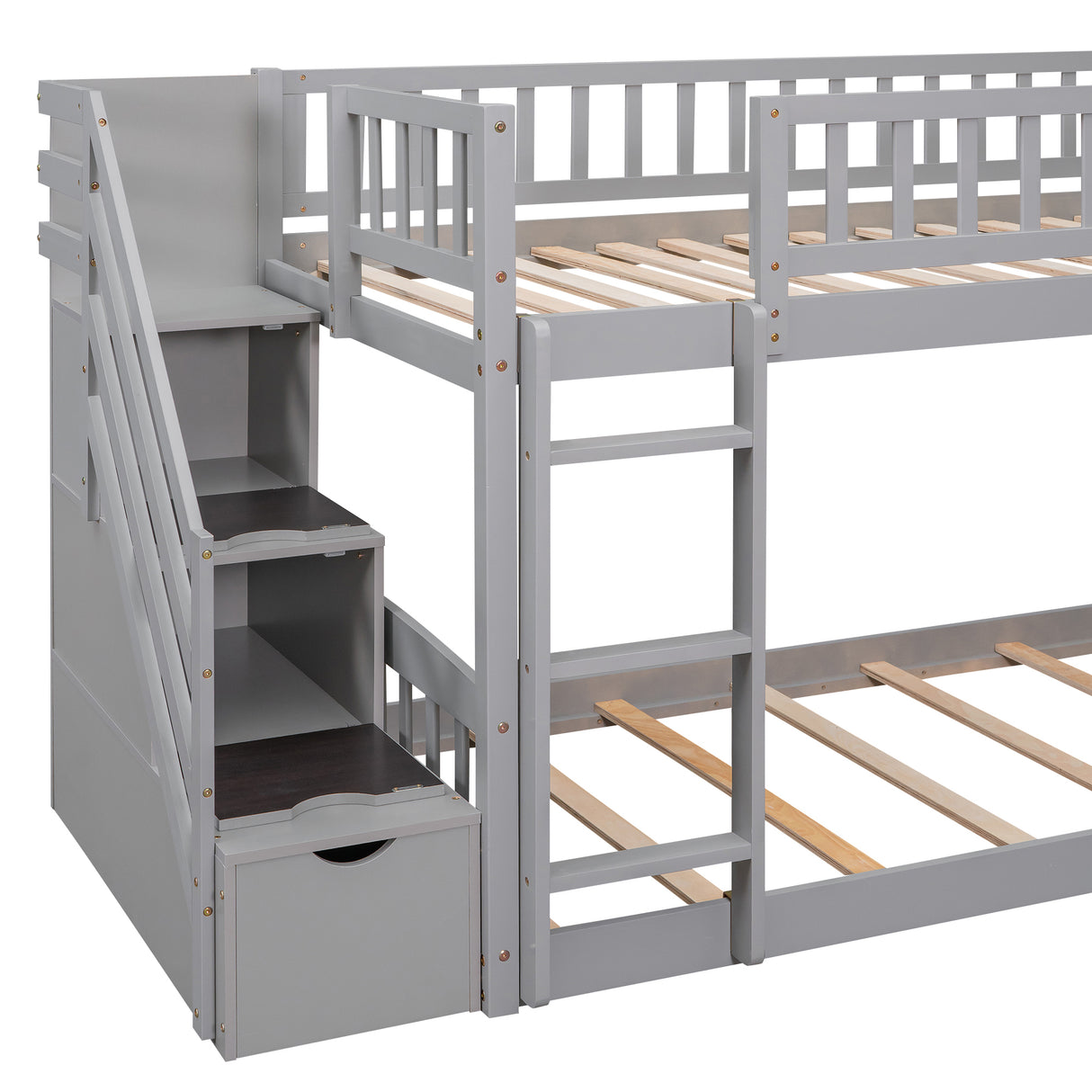 Stairway Twin over Twin Bunk Bed with Two Drawers and Slide, Gray(OLD SKU :LT000155AAE) - Home Elegance USA