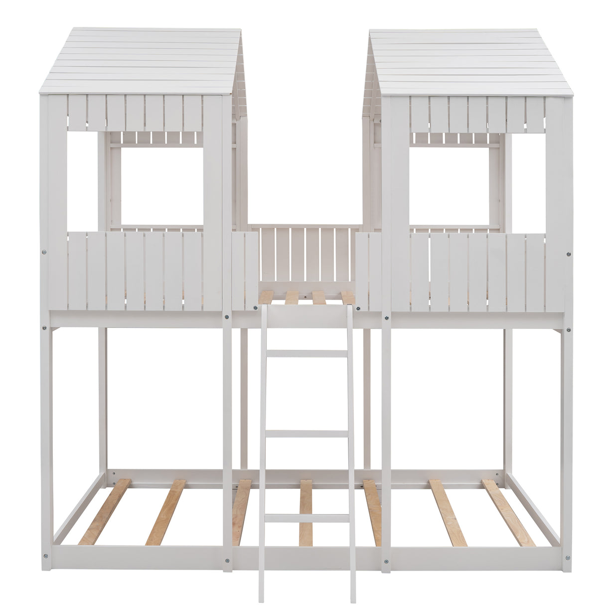 Full Over Full WoodBunk Bed with Roof, Window, Guardrail, Ladder(White)( old sku: LP000031AAK ) - Home Elegance USA