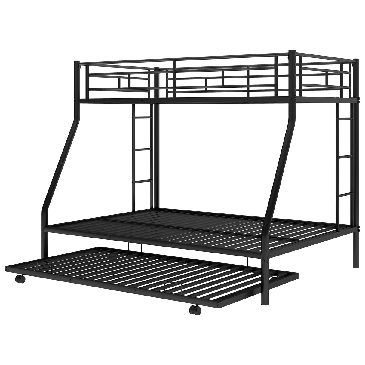 Twin over Full Bed with Sturdy Steel Frame, Bunk Bed with Twin Size Trundle, Two-Side Ladders, Black(OLD SKU:MF194424AAB) - Home Elegance USA