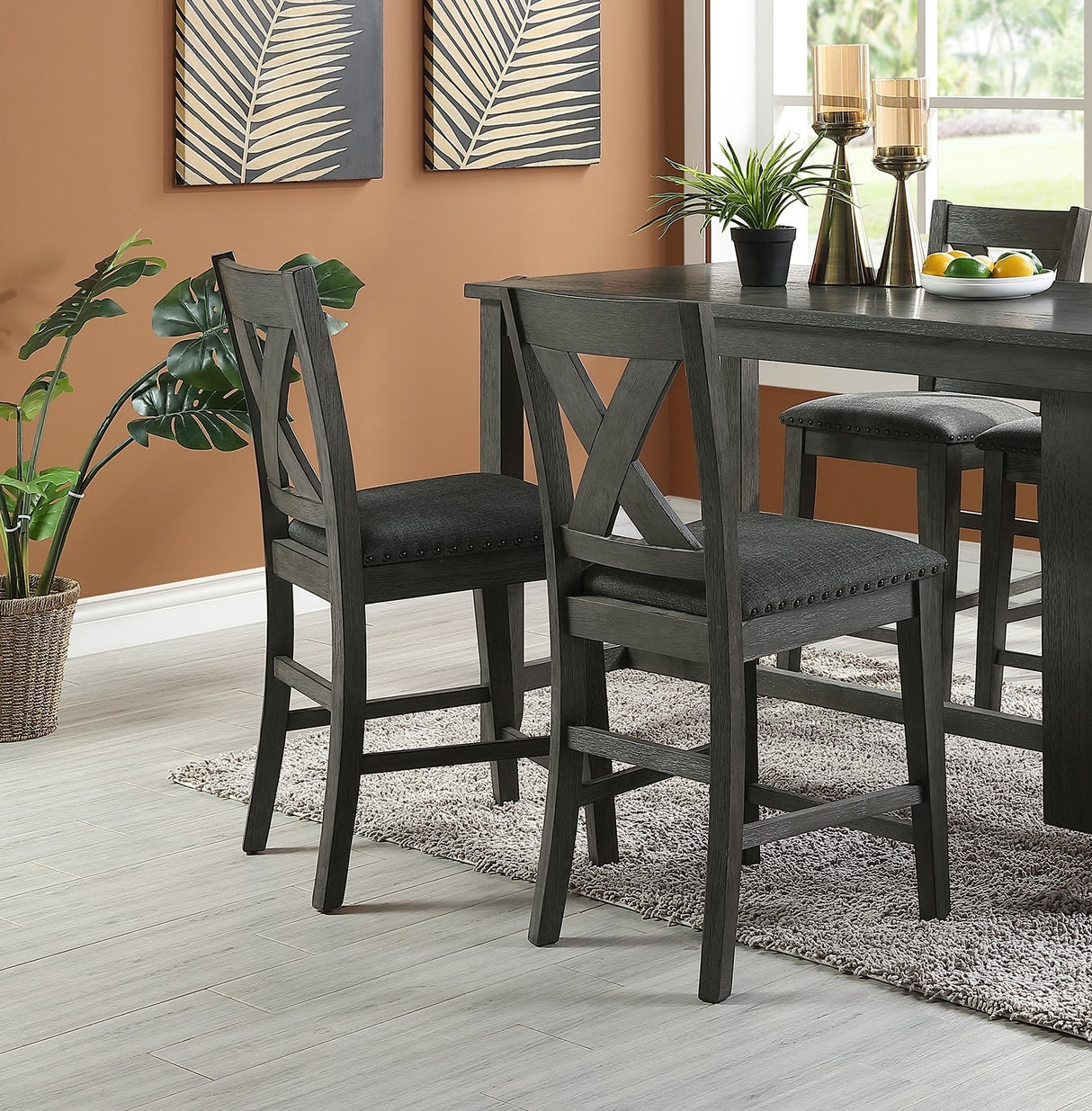 Modern Dark Brown Finish 5pc Counter Height High Dining Table w Storage Shelves 4x High Chairs Wooden Kitchen Breakfast Table Dining Room Furniture - Home Elegance USA