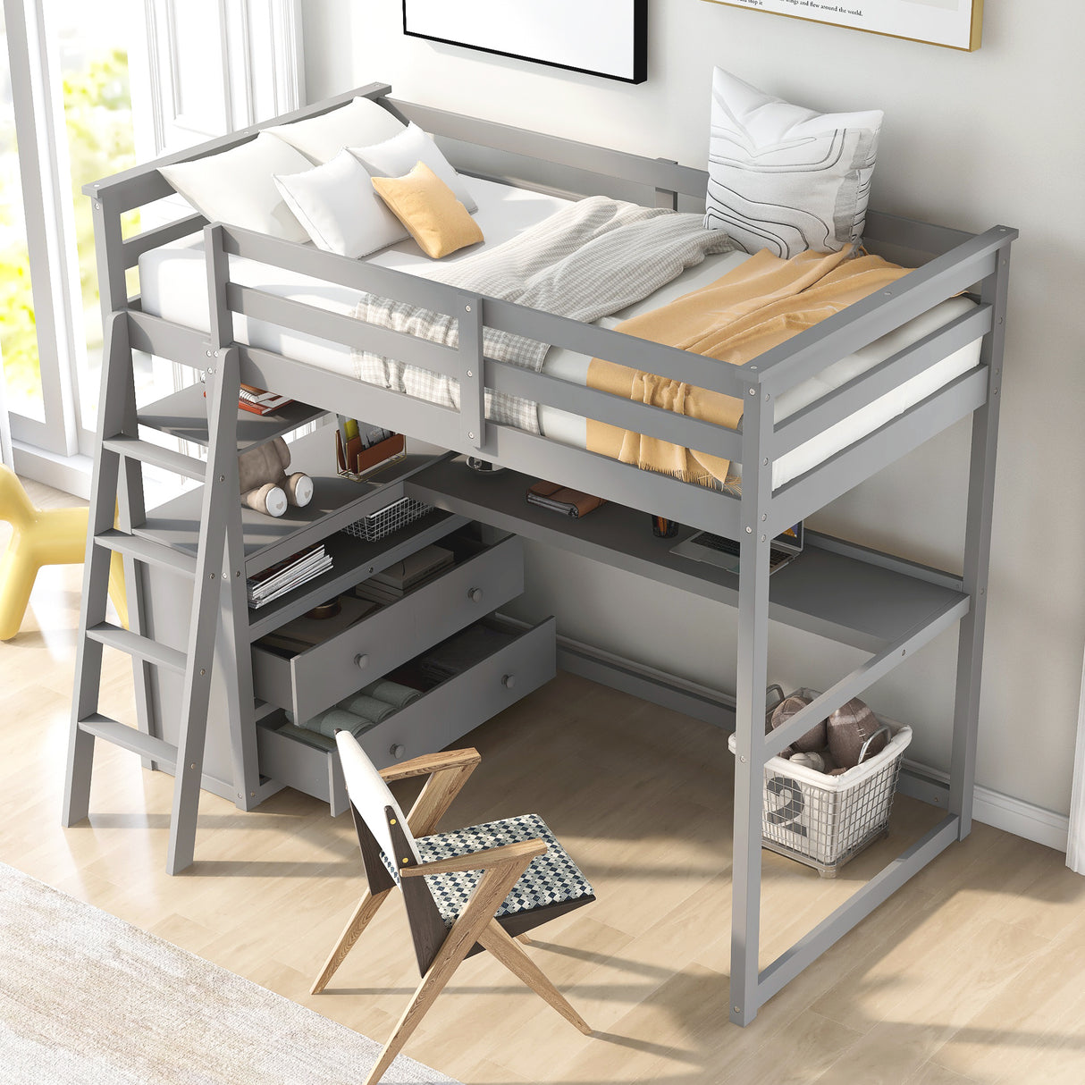 Twin Size Loft Bed with Desk and Shelves,Two Built-in Drawers,Gray(OLD SKU:GX000803AAE) - Home Elegance USA