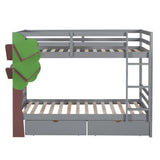 Twin-Over-Twin Bunk Bed with  a Tree Decor and Two Storage Drawers, Gray - Home Elegance USA