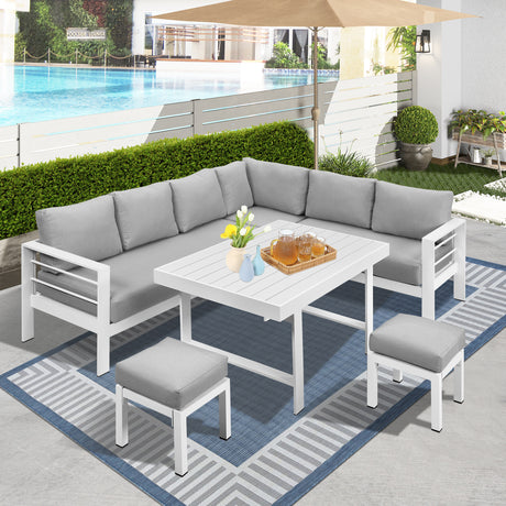 6-Pieces Outdoor Dining Set, White Aluminum Frame with Light Grey Cushions